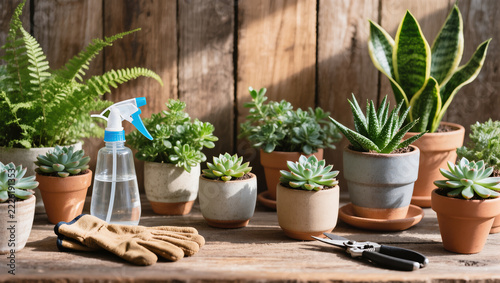 Urban Jungle Houseplants Flat Lay with Succulents, Ferns, Snake Plants and Gardening Tools in Ceramic Pots on Rustic Wooden Table