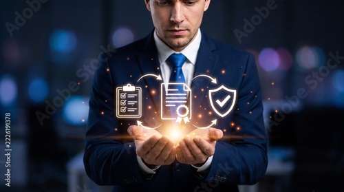 Businessman holding glowing icons representing document workflow and security protection