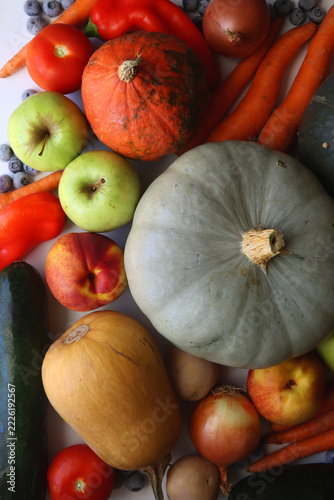 Various seasonal autumnal fruits and vegetables. Top view.