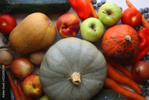 Various seasonal autumnal fruits and vegetables. Top view.