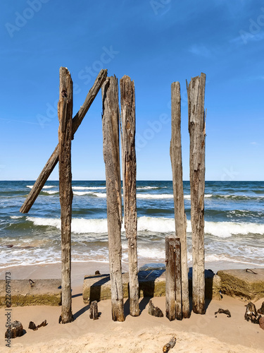 Weathered Wooden Posts on Sandy Beach With Ocean Waves and Clear Blue Sky Coastal Scene