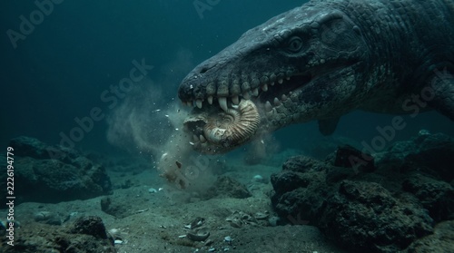 Giant Mosasaurus marine reptile crushing an ammonite shell in its powerful jaws underwater, Late Cretaceous 3D paleoart.