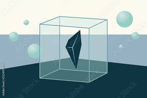 Dark Faceted Crystal Inside a Transparent Glass Cube Display