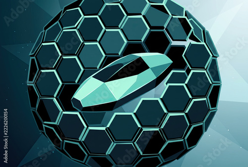Futuristic Faceted Capsule Inside a Hexagonal Honeycomb Sphere