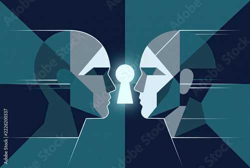 Two Geometric Head Profiles Facing Each Other with a Glowing Keyhole