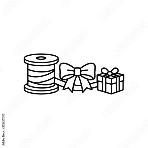 Christmas wrapping supplies with festive details, Christmas wrapping supplies black outline on white for Christmas decor, winter crafts and holiday gift design