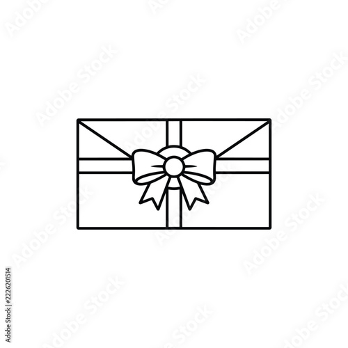 Festive flat Christmas gift parcel with ribbon and package details, festive flat Christmas gift parcel line art on white for Christmas decor, printable crafts and winter projects