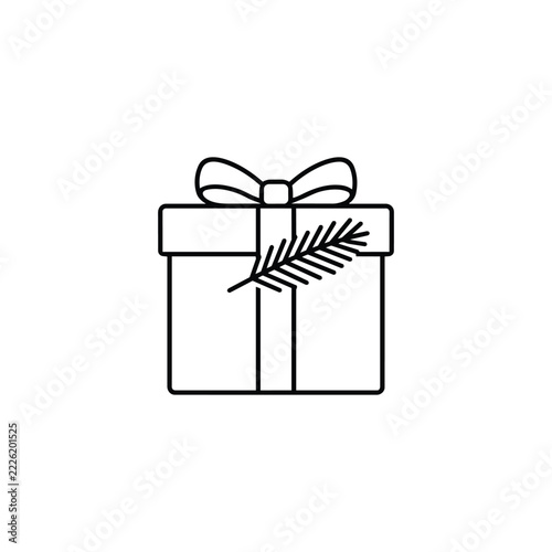 Christmas present with fir branch with festive details, Christmas present with fir branch black outline on white for Christmas decor, winter crafts and holiday gift design