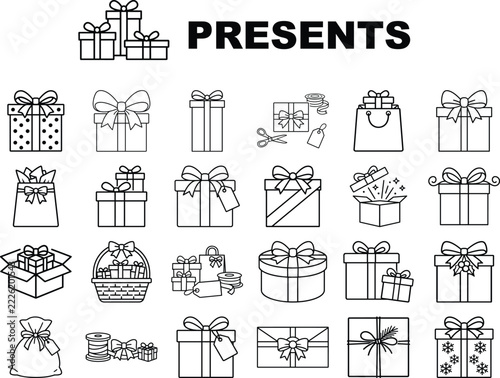 Christmas present icon collection with festive details, Christmas present icon collection black outline on white for Christmas decor, winter crafts and holiday gift design