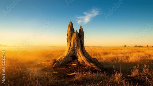 Stunning golden sunset illuminates a solitary dead tree stump in the middle of a vast autumn field