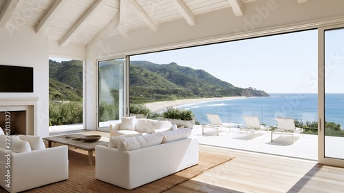 Luxury coastal living room with panoramic ocean view and spacious outdoor terrace
