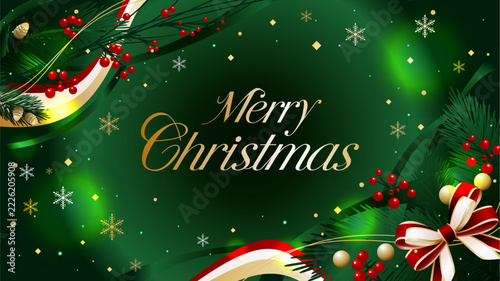深緑と金色のクリスマスカード、メリークリスマスの文字とリボンのベクターイラスト背景素材