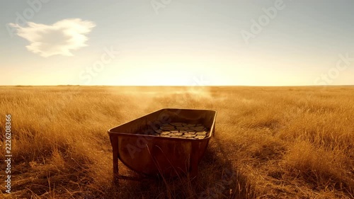 Old rusty bathtub filled with water sitting alone in the middle of a vast golden field during a warm sunset