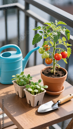 Urban Balcony Gardening Flat Lay with Potted Tomato Plant, Fresh Sprouts, Watering Can and Garden Trowel on Outdoor Table in Natural Sunlight