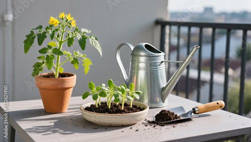 Urban Balcony Gardening Flat Lay with Potted Tomato Plant, Fresh Sprouts, Watering Can and Garden Trowel on Outdoor Table in Natural Sunlight