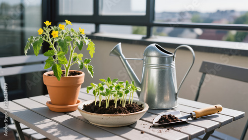 Urban Balcony Gardening Flat Lay with Potted Tomato Plant, Fresh Sprouts, Watering Can and Garden Trowel on Outdoor Table in Natural Sunlight
