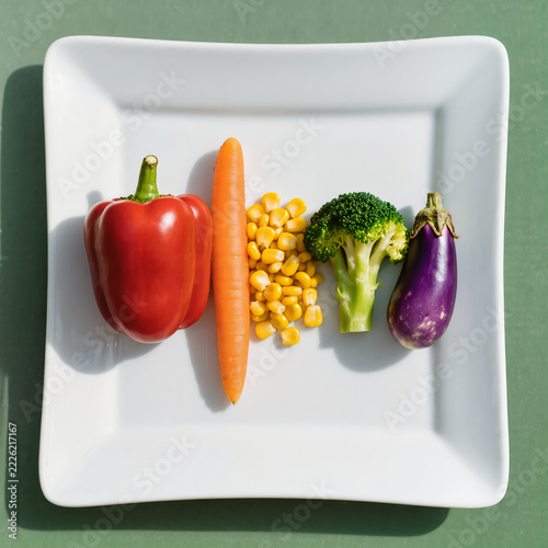 Rainbow Vegetable Flat Lay with Red Bell Pepper, Carrots, Corn, Broccoli and Eggplant Arranged in Color Gradient on White Plate