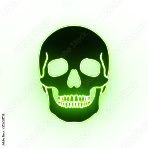 8K Glowing Green Neon Skull Overlay Transparent Isolated PNG, Toxic Cyberpunk Halloween Contour Line Art Element with Copy Space