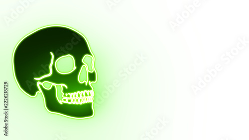 8K Glowing Green Neon Skull Profile Side View Overlay Transparent Isolated PNG, Cyberpunk Halloween Banner with Copy Space