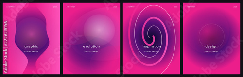Magenta abstract flyer templates showcase glowing spheres, fluid curves, and spiral hypnotic elements.