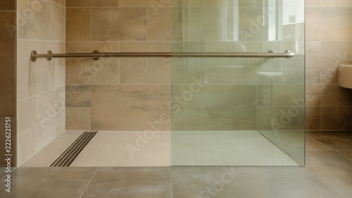 Modern accessible walk in shower interior with stainless steel grab bar, glass partition, linear drain, and warm beige stone tiles