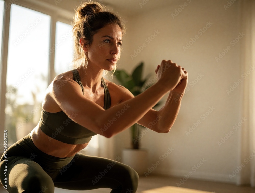 Obraz premium Determined young woman deep squats at home for fitness training. Athletic female in olive green activewear works out in bright living room. Focused lady practices strength exercise routine to improve