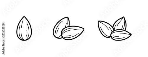 Hand drawn almond nuts set black outline illustration