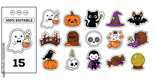 Cute Halloween Stickers Set Vector Illustration Collection with Spooky Characters and Magical Elements