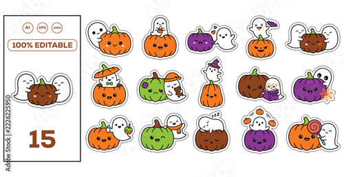 Cute Halloween Ghosts and Pumpkins Vector Sticker Set, Kawaii Cartoon Characters for Autumn Season Design, Isolated