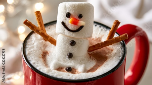 Marshmallow snowman in cocoa