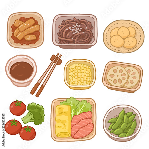 Cute Asian Food Collection with Rice, Vegetables and Chopsticks