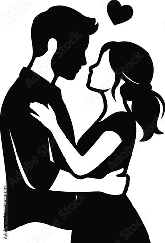 Silhouette of a couple embracing with a heart floating above against a white background affection amorous date devotion embrace endearment