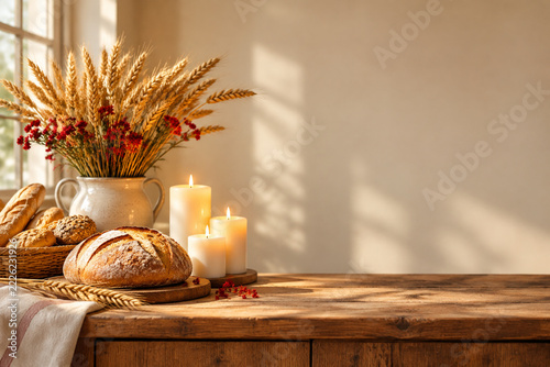 Wheat sheaves, lit candles and red flowers on bakery counter for rustic harvest decor