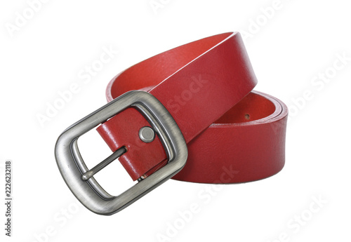 Classic Red Leather Belt with Metal Buckle Isolated on Transparent Background.