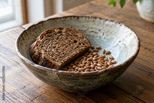 A rustic ceramic bowl with dark bread and wheat grains on a wooden table.