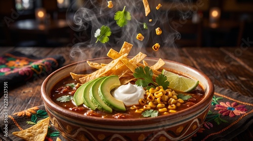 Steaming bowl of traditional Mexican tortilla soup topped with avocado, crispy tortilla strips, corn and sour cream in a rustic setting.