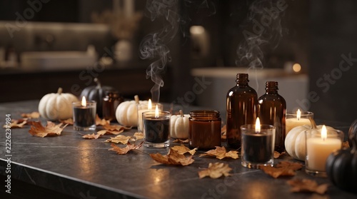 Cozy autumn still life with glowing candles, rustic pumpkins, amber glass bottles and dried leaves on a wooden table.