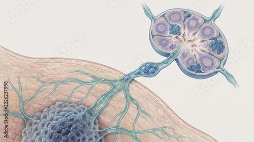 Medical 3D illustration of cancer cells spreading from a primary tumor through blood vessels, depicting tumor angiogenesis and metastasis.