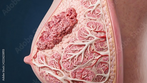 Medical illustration of breast cancer showing malignant tumor growth inside female breast tissue, mammary glands, ducts and surrounding anatomical structures