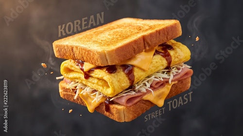 Delicious Korean street toast sandwich stuffed with fluffy egg omelet, melted cheese, vegetables and savory fillings between golden toasted bread slices.