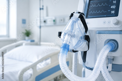 Modern hospital ventilator with clear oxygen mask and tubing, clinical setting.