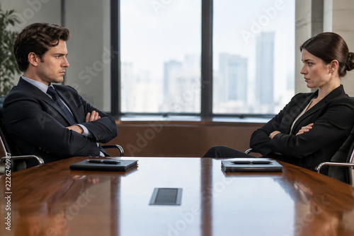Two businesspeople sitting opposite at a table, arms crossed in a tense atmosphere.