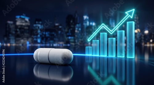 White medicine capsule with rising digital business graph and glowing arrow