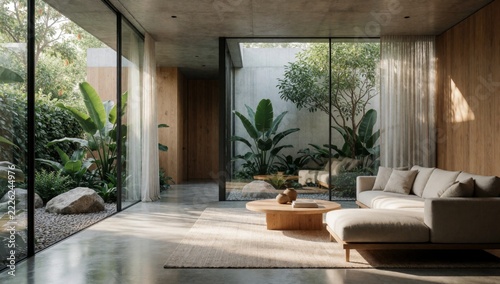 Modern living room minimalist design has large window left side allowing natural light enter space floor made