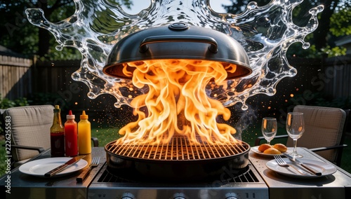 Barbecue grill large dome-shaped lid top patio table chairs background there plates food glasses wine flames b
