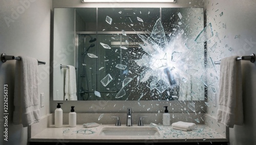 Bathroom sink large mirror covered shattered glass shards scattered all surface different sizes shapes creatin