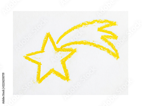 Bright yellow star with trailing comet tail, drawn with crayon white paper, evokes creativity