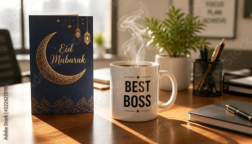 Eid Mubarak greeting card with steaming coffee mug and office