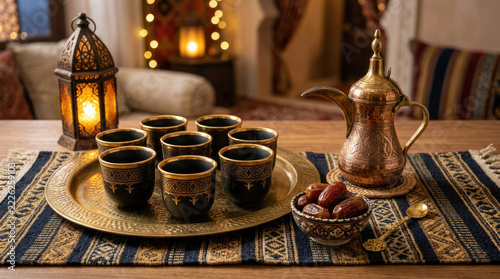 Beautiful arrangement of Arabic coffee cups decorative tray, accompanied by dates