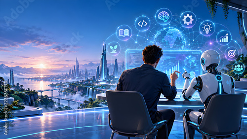 Man working alongside advanced humanoid robot in high tech futuristic city office at night with artificial intelligence